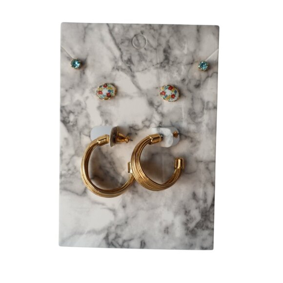 Gold Hoop Earrings & Stud Earring Set With Floral & Blue Crystal Accents - Picture 1 of 3